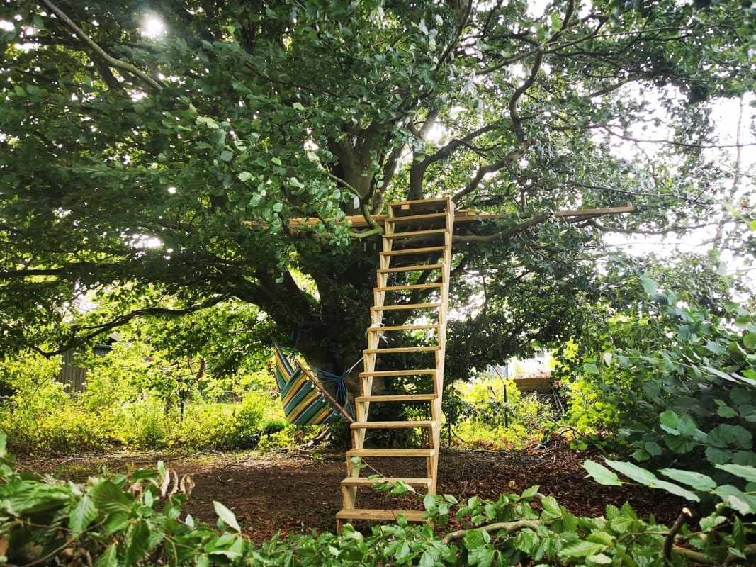 Meditation platform at Yogi Living Guesthouse in Skåne, Sweden, surrounded by Skånes nature